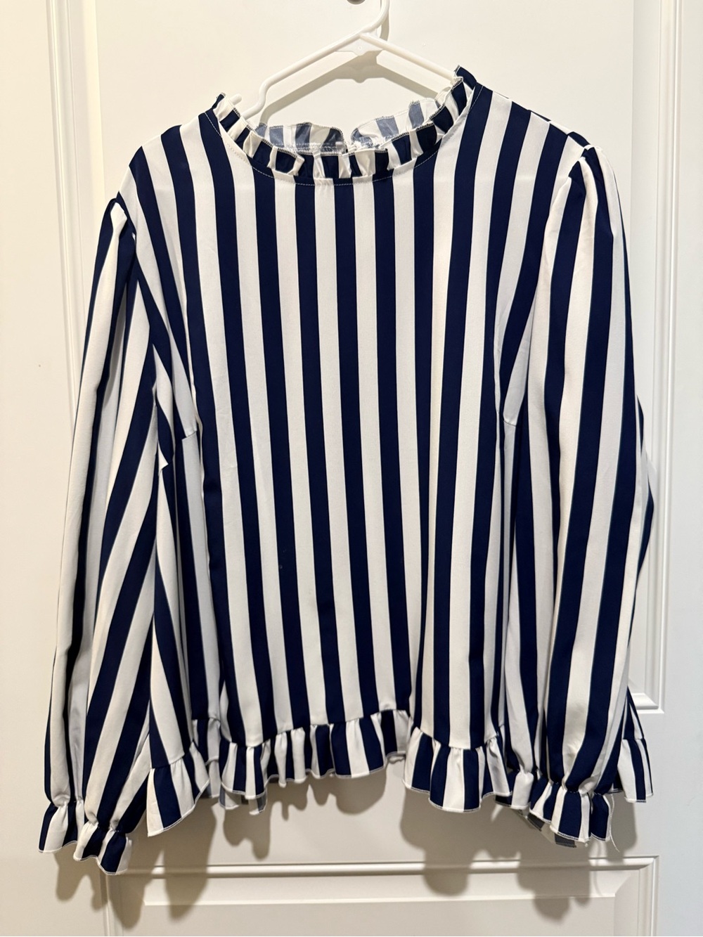 SHEIN Navy & White Vertical Stripe Ruffle Hem Blouse